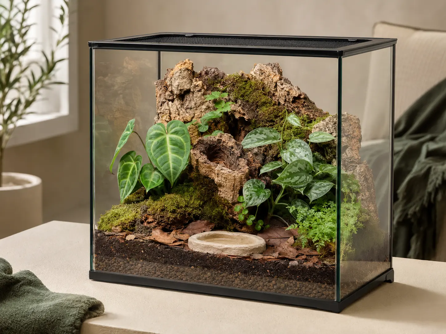 A planted complete habitat with shelter, climbing texture, substrate, and water access